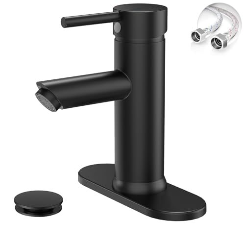 Bathroom Faucet for 1 or 3 Holes, Matte Black, Brass | Single Handle Bathroom Sink Faucets, Modern Commercial Lavatory Vanity Faucet, with Deck Plate and Supply Line, Pop Up Drain - color: Matte Black