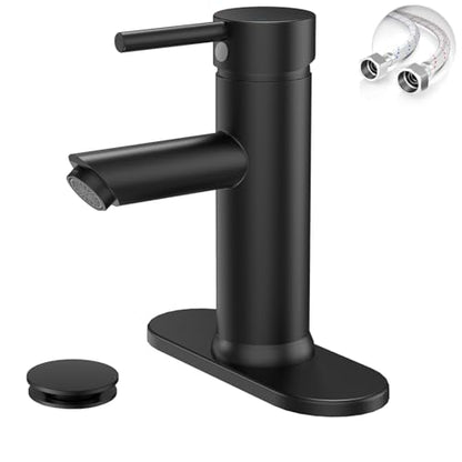 Bathroom Faucet for 1 or 3 Holes, Matte Black, Brass | Single Handle Bathroom Sink Faucets, Modern Commercial Lavatory Vanity Faucet, with Deck Plate and Supply Line, Pop Up Drain - color: Matte Black