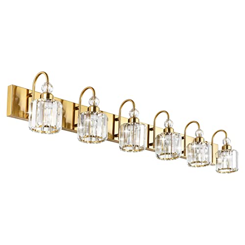 Ralbay Gold Crystal Vanity Lights for Bathroom 6-Lights Brass Gold Crystal Bathroom Vanity Lights Over Long Mirror Modern Crystal Bathroom Wall Lighting Fixtures - color: Round-Brass, size: 6-light