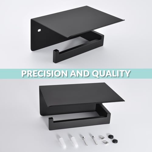 Matte Black Toilet Paper Holder with Shelf, Left Side, Wall Mounted | Robust 304 Stainless Steel, Modern Tissue Holder Fits for Bathroom, Restroom, Vanity, Kitchen, Paper Roll & Phone Storage - color: Matte Black