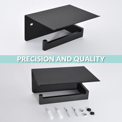Matte Black Toilet Paper Holder with Shelf, Left Side, Wall Mounted | Robust 304 Stainless Steel, Modern Tissue Holder Fits for Bathroom, Restroom, Vanity, Kitchen, Paper Roll & Phone Storage - color: Matte Black
