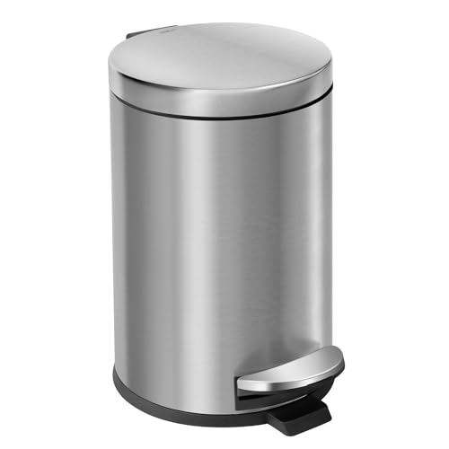Cesun Small Round Bathroom Trash Can with Lid Soft Close, 1.2 Gal, Silver | Removable Inner Bucket, Stainless Steel Garbage Can for Bedroom/Office, Hands-Free Step Pedal, Fingerprint-Resistant - color: Silver