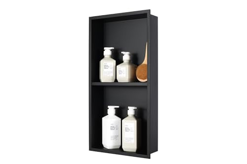 24 x 12 in Recessed Shower Niche with Double Shelves, Matte Black Stainless Steel Wall Insert, No Tile Needed, Leakproof Built-in Storage for Bathroom, Kitchen - color: Black, size: 24 * 12 in