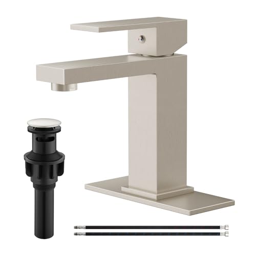 Heyalan Bathroom Sink Faucet, Single Handle Vanity Faucet, Brushed Nickel | SUS304 stainless steel, hot and cold supply hoses, 1- or 3-hole installation, 6-inch deck plate and pop-up drain - color: Brushed Nickel