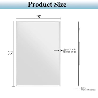 Frameless Bathroom Mirror, 28"x36" Beveled Bathroom Vanity Mirror | 15mm beveled edge, frameless, 5mm HD glass, anti-rust, french cleat, horizontally or vertically, for bathroom/bedroom - size: 28"L x 36"W