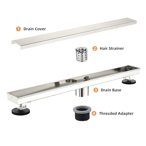 Linear Shower Drain ，48 Inch Brushed 304 Stainless Steel Rectangle Shower Floor Drain，with Reversable Tile-inPattern Drain Cover & Hair Catcher, Adjustable Feet - color: Brushed Nickel, size: 48inch