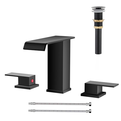 AVSIILE Matte Black Waterfall Bathroom Faucet 3 Hole, 8 Inch Widespread Modern 3 Piece Bathroom Sink Faucet, Touch On Lavatory Faucet for Vanity RV Restroom, Straight Spout - color: Black, style: Straight Spout