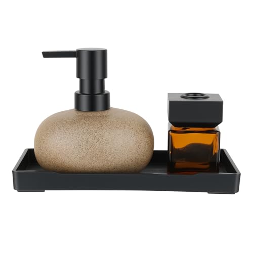 Bathroom Countertop Soap Dispensers Set, 300ml Ceramic Soap Dispenser with Amber Glass Bottle & Black Tray, Brown Ceramic Hand Soap Dispenser for Kitchen and Bathroom Counter - color: Brown