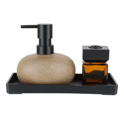 Bathroom Countertop Soap Dispensers Set, 300ml Ceramic Soap Dispenser with Amber Glass Bottle & Black Tray, Brown Ceramic Hand Soap Dispenser for Kitchen and Bathroom Counter - color: Brown