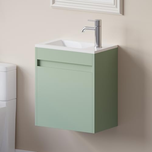 wonline 16" Small Floating Green Bathroom Vanity Sink Combo, Wall Mounted Narrow Single Cabinet with Resin Basin Sink Top, Water Saving Chrome Faucet & Pop-Up Drain - color: Green Linen
