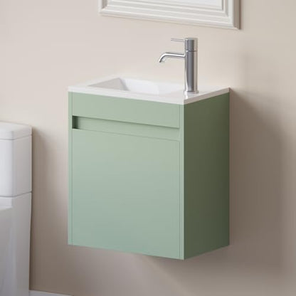 wonline 16" Small Floating Green Bathroom Vanity Sink Combo, Wall Mounted Narrow Single Cabinet with Resin Basin Sink Top, Water Saving Chrome Faucet & Pop-Up Drain - color: Green Linen