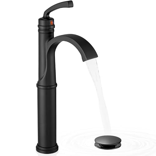 Waterfall Vessel Faucet, Tall Bathroom Faucet Black, Brass Vessel Sink Faucets Bathroom Sink Faucet One Hole Single Handle with Supply Hoses Pop-up Drain - color: Matte Black