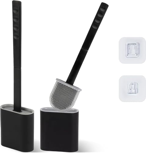 Modern Minimalist Silicone Black Toilet Brush with Holder - Pack of 2 Toilet Bowl Brush Set - Self-Cleaning & Splash-Free, Easy-Rinse Design with Wall Mounted Holder Bathroom Accessory. - color: Black, size: Pack of 2