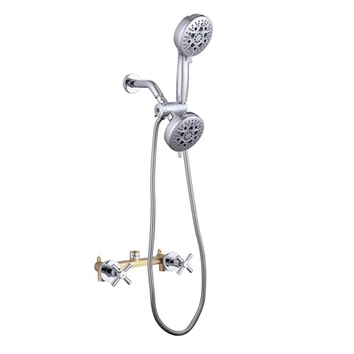 2 Handle Shower Faucet Set Chrome Shower Trim Kit with Valve | 9 Modes Hand Shower, 7 Modes Shower Head, Dual Head Work independently /Work Together, Brass Valve, NPT 1/2" US Connection - color: Chrome, style: Style C