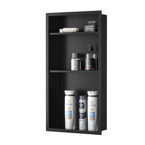 Stainless Steel Shower Niche Matte Black 24" X 12" W/ 3-Tier Shelf | Recessed shower niche no tile needed,space-saving,vertical niche, silver bathroom niche shower for shampoo & soap storage - color: Matte Black, size: 24"