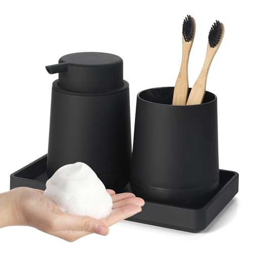 GAHEFY Black Bathroom Countertop Accessories Set - Foaming Soap Dispenser and Toothbrush Holder with Silicone Boot,Vanity Tray (Black Foam) - color: Black Foam