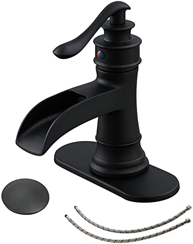BWE Matte Black Waterfall Bathroom Faucet, Solid Brass, 1.2 GPM | Waterfall Spout, Ceramic Cartridge, California-Compliant, Fits 1 or 3-Hole Sinks, Handware Included, Single Handle - color: Black