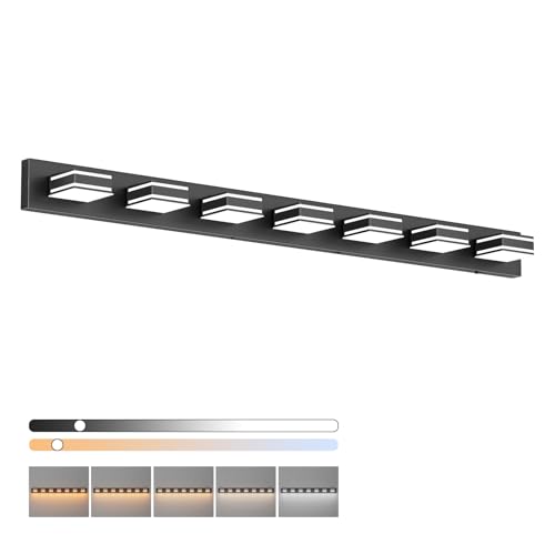 Ralbay 55inch Black Vanity Light 5 Color Temperatures (3000K-6000K) Dimmable Metal Acrylic LED Modern Matte Black Bathroom Wall Lighting for Mirror (7-Light) - color: Black-5 Color Temperature, size: 55 inch