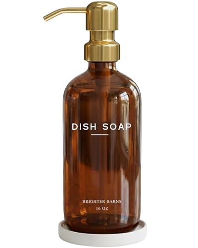 Luxury Glass Dish Soap Dispenser for Kitchen Sink by Brighter Barns - Kitchen Soap Dispenser Set with Pump & Tray - Refillable Glass Bottle for Liquid - Luxury Home Decor for Airbnb, Gift (Amber/Gold) - color: Amber Gold D