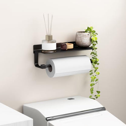 Wall Mount Paper Towel Holder with Shelf for Bathroom/Kitchen, Adhesive Hand Towel Holder, Matte Black - color: Black