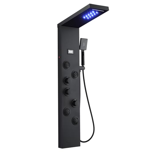 5-in-1 LED Shower Panel Tower System Matte Black Stainless Steel | Rainfall + waterfall | 4 body jets | Handheld shower | LED lights | Wall mount - color: Matte Black