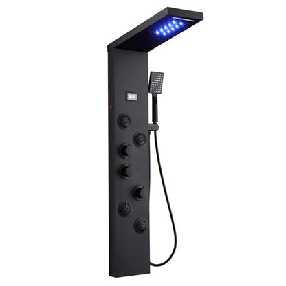 5-in-1 LED Shower Panel Tower System Matte Black Stainless Steel | Rainfall + waterfall | 4 body jets | Handheld shower | LED lights | Wall mount - color: Matte Black