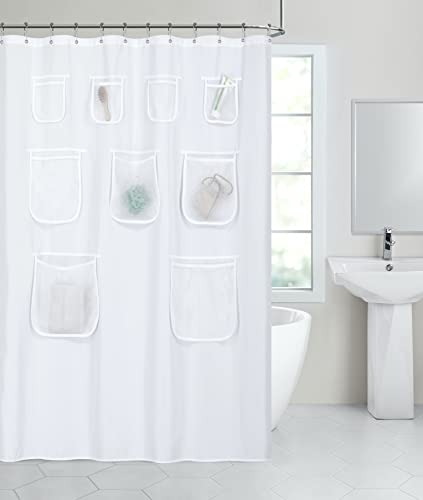 Kate Aurora Heavy Duty Waterproof Fabric Shower Curtain Liner with Durable Anti Tearing Mesh Pockets - Assorted Colors (White) - color: White