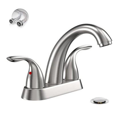 Centerset 4 Inch Brushed Nickel 2 or 3 Holes Stainless Steel Bathroom Sink Faucet, 2 Handle Bathroom Faucet with Copper Pop Up Drain and Water Supply Lines, BF008-5-BN - color: Brushed Nickel, style: 1 Pack
