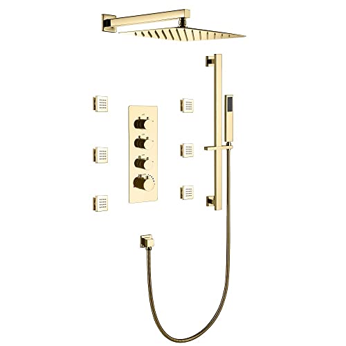 Cascada Luxury 12” Rainfall Shower set (Wall Mounted) with 4 knob thermostatic Valves & 3 functions (Rainfall, Body jets & Hand Shower) (Brushed Nickel) - color: Brushed Nickel
