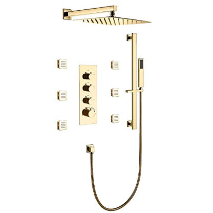 Cascada Luxury 12” Rainfall Shower set (Wall Mounted) with 4 knob thermostatic Valves & 3 functions (Rainfall, Body jets & Hand Shower) (Brushed Nickel) - color: Brushed Nickel