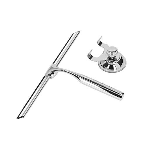 Stainless Steel Glass Squeegee, Window Squeegee Water Blade for Shower Doors Mirrors Tiles, Rust - Proof Rubber Edge Squeegee with Suction Cup Holder for Home Bathroom