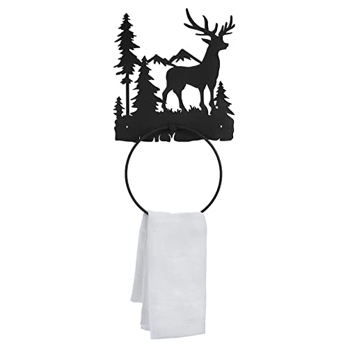 Funrous Deer Towel Holder for Bathroom Matte Black Metal Hand Towel Holder | Rustic Forest Elk Cub Decorative Bath, Toilet Wall Mounted Ring, Hanging Hand Cloth, Round Washcloth Rack Home Kitchen - style: Elk