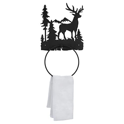 Funrous Deer Towel Holder for Bathroom Matte Black Metal Hand Towel Holder | Rustic Forest Elk Cub Decorative Bath, Toilet Wall Mounted Ring, Hanging Hand Cloth, Round Washcloth Rack Home Kitchen - style: Elk
