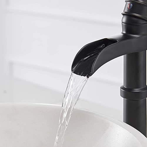 Black Waterfall Bathroom Sink Faucet Single-Handle 1 Hole | Above Counter Bowl Sink,with Pop Up Drain Assembly and Supply Hose,Lead-Free Solid Brass,Vanity Lavatory Mixer Tap - color: Black