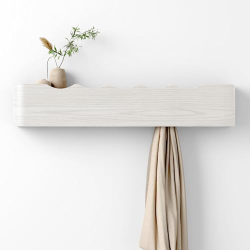 Coat Rack Wall Mount with Hidden Hooks, Wall Hooks with Shelf, Wall Key Holder Mount Wooden Shelf Entryway Hooks for Bedroom Bathroom for Hanging Coats Hats Bags Towels (White Wave-Shape, 5 Hooks) - color: White Wave-Shape, size: 5 Hooks