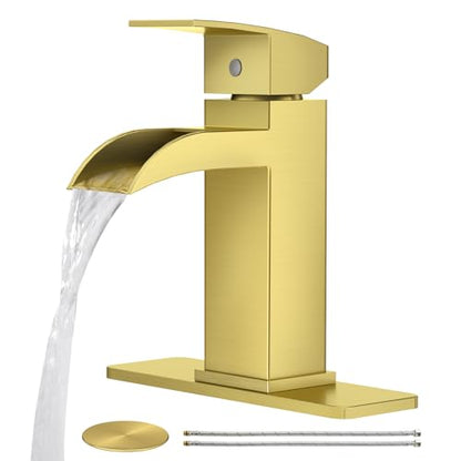 CREA Brushed Gold Waterfall Bathroom Faucet 1 Hole Single Handle Bathroom Sink Faucet with Pop Up Drain Stainless Steel Vanity Faucet Basin Mixer Tap Hot Cold Water Supply Line 3 Hole Deck Plate - color: Gold, style: Open Waterfall