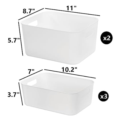 Peohud 5 Pack White Plastic Storage Bins, Pantry Organization and Storage Baskets with Handles, Open Plastic Storage Container for Home, Kitchen, Office, Shelves, Cabinet, Under Sink Organizer