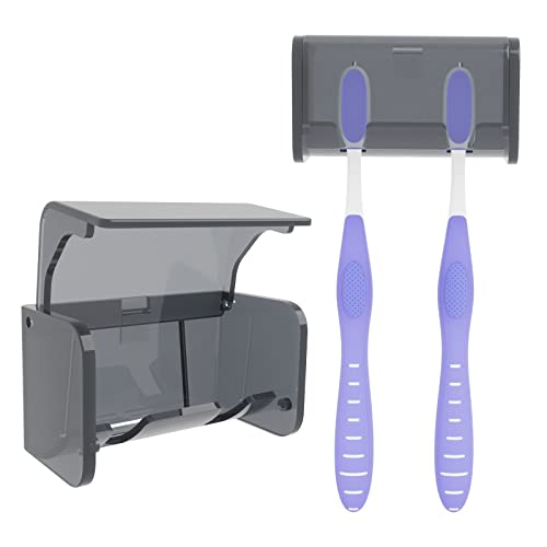 Toothbrush Holder Wall Mounted with Cover for Bathroom, 2 Slots Toothbrush Storage Organizer for Shower, Self Adhesive Toothbrush Hanger Rack for Dorm, Cabinet (Grey) - color: Grey Clear, size: 1 PACK
