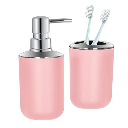 Pink Bathroom Accessories Set 2 PCS, Soap Dispenser and Toothbrush Holder | Pink Bathroom Accessories, Plastic Set, Boho Bathroom Decor, Bathroom Set - size: 2pcs Pink