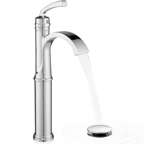 Tall Waterfall Bathroom Faucet Chrome, Single Handle Brass Vessel Faucet, Tall Faucet for Bathroom Sink, Bathroom Vanity Faucets 1 Hole with Pop up Drain Water Lines - color: Chrome