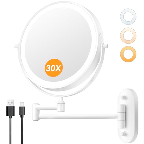Auxmir 1X/30X Wall Mounted Makeup Mirror, 8" Rechargeable Magnifying Mirror | double-sided button, 3200mAh, 3 dimmable colors, 360° rotation, extended arm, 30X magnification, bathroom, white - color: 8'' 30x-white