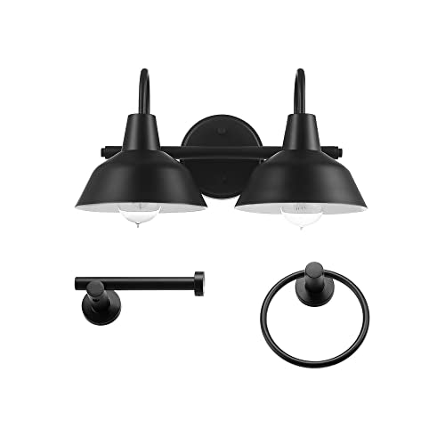 Globe Electric 63000004 3-Piece Bathroom Set, Matte Black, 15.5" 2-Light Vanity Light, Towel Ring, Toilet Paper Holder, Bulb Not Included - color: Matte Black, Brooklyn (3-Piece)