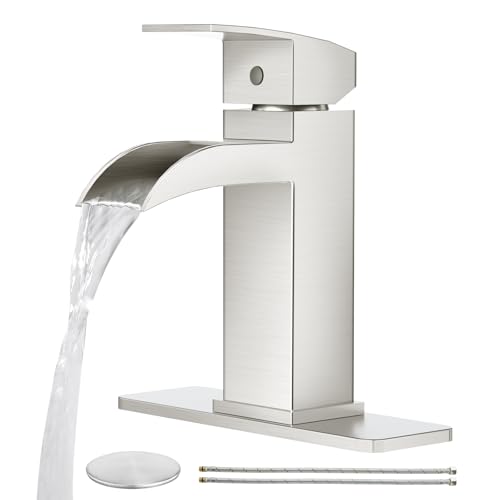 CREA Waterfall Bathroom Faucet 1 Hole Single Handle Brushed Nickel Bathroom Sink Faucet with Drain/ 3 Hole Deck Plate Stainless Steel Vanity Basin Mixer Tap(cUPC Hot Cold Water Supply Line) - color: Brushed Nichel, style: Open Waterfall
