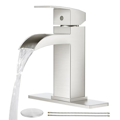 CREA Waterfall Bathroom Faucet 1 Hole Single Handle Brushed Nickel Bathroom Sink Faucet with Drain/ 3 Hole Deck Plate Stainless Steel Vanity Basin Mixer Tap(cUPC Hot Cold Water Supply Line) - color: Brushed Nichel, style: Open Waterfall