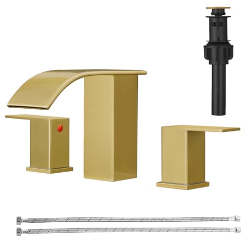 RUMOSE Bathroom Faucets Gold Bathroom Sink Faucet 3 Hole with Drain | 8 inch Widespread 2 Handles Lavatory Vanity Faucet Set, Waterfall Spout, Deck Mounted, Pop Up Drain, Stainless Steel - color: Brushed Gold