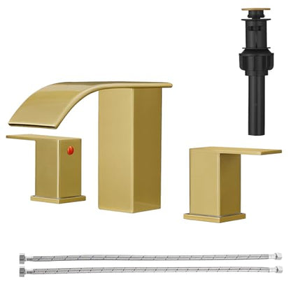 RUMOSE Bathroom Faucets Gold Bathroom Sink Faucet 3 Hole with Drain | 8 inch Widespread 2 Handles Lavatory Vanity Faucet Set, Waterfall Spout, Deck Mounted, Pop Up Drain, Stainless Steel - color: Brushed Gold