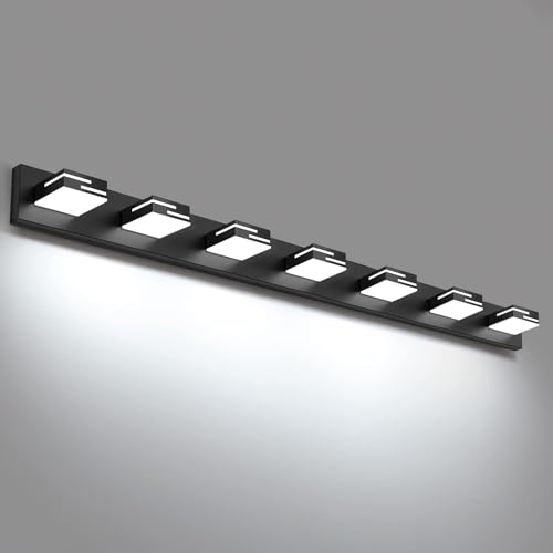 LED Modern Bathroom Vanity Light Fixtures, Dimmable Matte Black Vanity Lights for Bathroom Lighting Fixtures Over Mirror, with 360° Rotatable Acrylic Heads 7-Light 48-inch (Cool White 6000K) - color: Black, size: 7-light, 48-inch