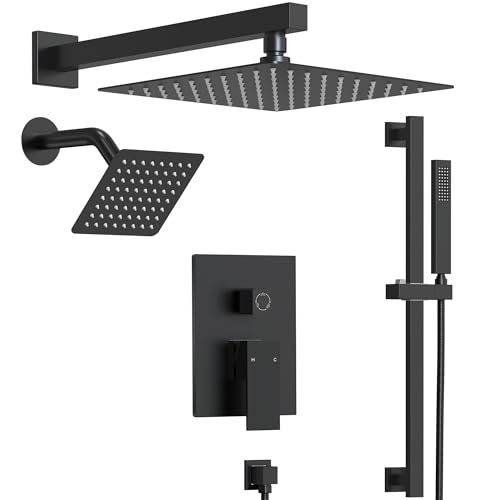 10" High-Pressure Rainfall Shower Faucet with Handheld Spray, Wall Mount Dual Shower Head System with Slide Bar (Matte Black) - color: Black, style: Wall Mount-with Slide Bar
