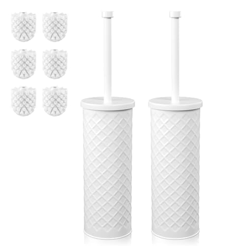 Toilet Bowl Brush and Holder Set 2 Pack with 4 Extra Brush Heads (White) | Extra Long Handle with Splash Guard Cover, Tool-Free Installation, Bathroom Space-Saving, Cleaner Sets for Apartments, RV - color: White