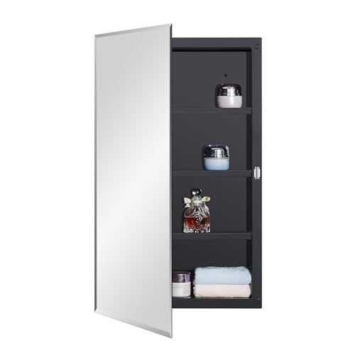 IDYLLOR DYLLOR Black Plastic Medicine Mirror Cabinet for Bathroom with 16 x 26 inch Beveled Edge Mirror, Recessed and Surface Mount - color: Black, size: 16x26 inch Beveled Edge Mirror